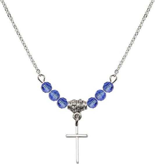 Sterling Silver Cross Birthstone Necklace with Sapphire Beads - 0014