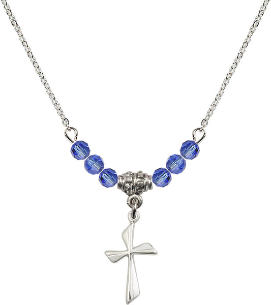 Sterling Silver Cross Birthstone Necklace with Sapphire Beads - 0016