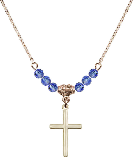 14kt Gold Filled Cross Birthstone Necklace with Sapphire Beads - 0017
