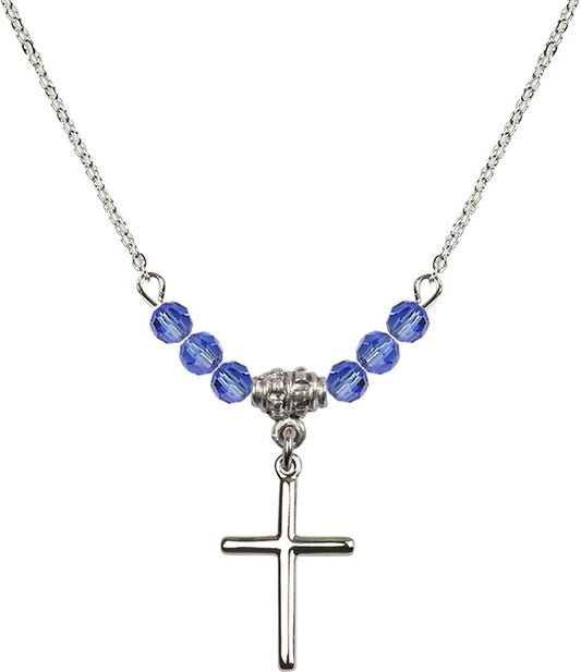 Sterling Silver Cross Birthstone Necklace with Sapphire Beads - 0017
