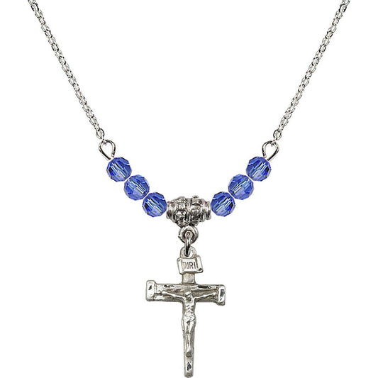 Sterling Silver Nail Crucifix Birthstone Necklace with Sapphire Beads - 0072