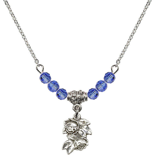 Sterling Silver Rose Birthstone Necklace with Sapphire Beads - 0204