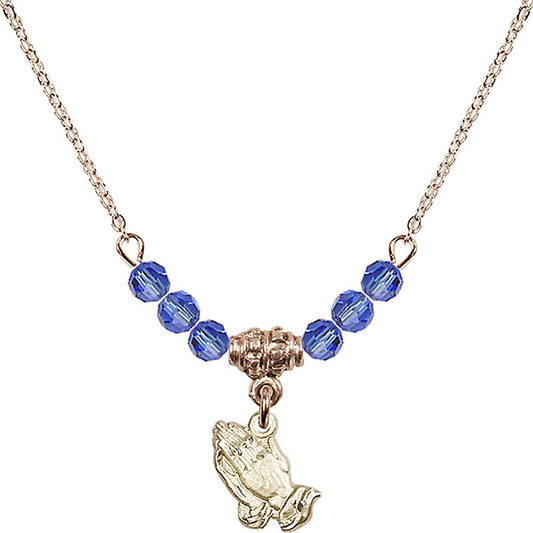 14kt Gold Filled Praying Hands Birthstone Necklace with Sapphire Beads - 0220