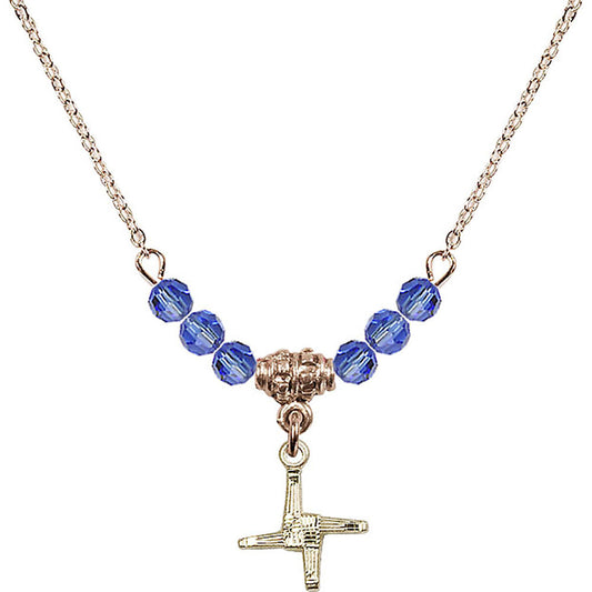 14kt Gold Filled Saint Brigid Cross Birthstone Necklace with Sapphire Beads - 0291