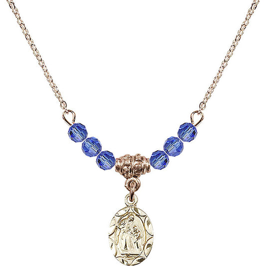 14kt Gold Filled Saint Ann Birthstone Necklace with Sapphire Beads - 0301