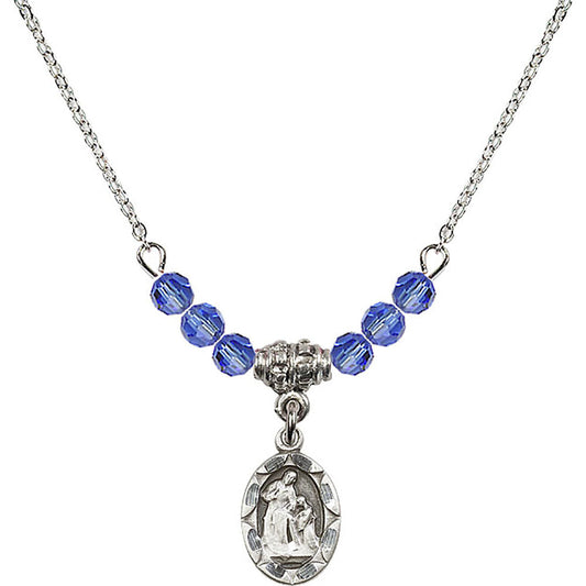 Sterling Silver Saint Ann Birthstone Necklace with Sapphire Beads - 0301