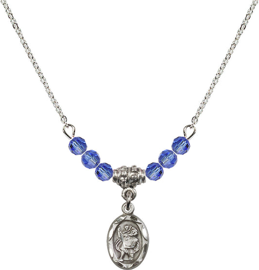 Sterling Silver Saint Christopher Birthstone Necklace with Sapphire Beads - 0301