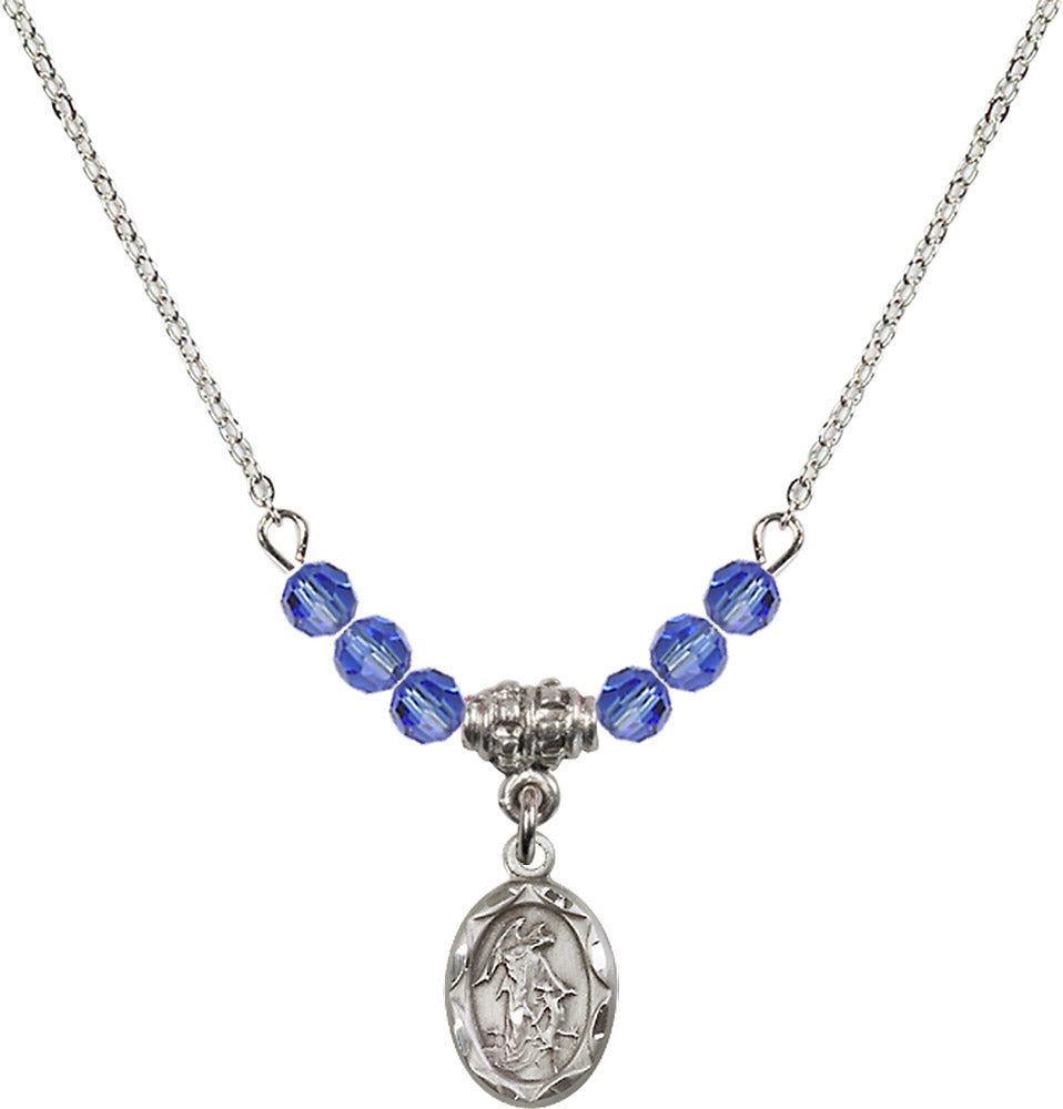 Sterling Silver Guardian Angel Birthstone Necklace with Sapphire Beads - 0301