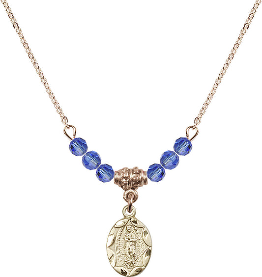 14kt Gold Filled Our Lady of Guadalupe Birthstone Necklace with Sapphire Beads - 0301