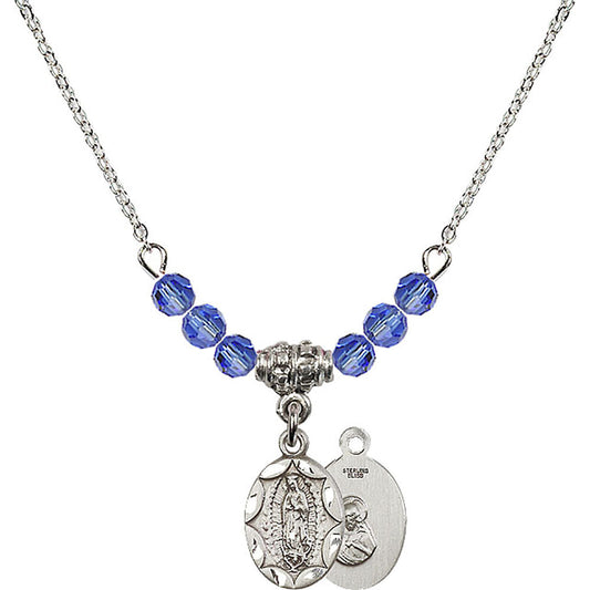 Sterling Silver Our Lady of Guadalupe Birthstone Necklace with Sapphire Beads - 0301