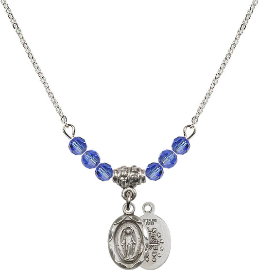 Sterling Silver Miraculous Birthstone Necklace with Sapphire Beads - 0301