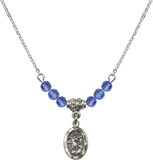 Sterling Silver Saint Michael the Archangel Birthstone Necklace with Sapphire Beads - 0301