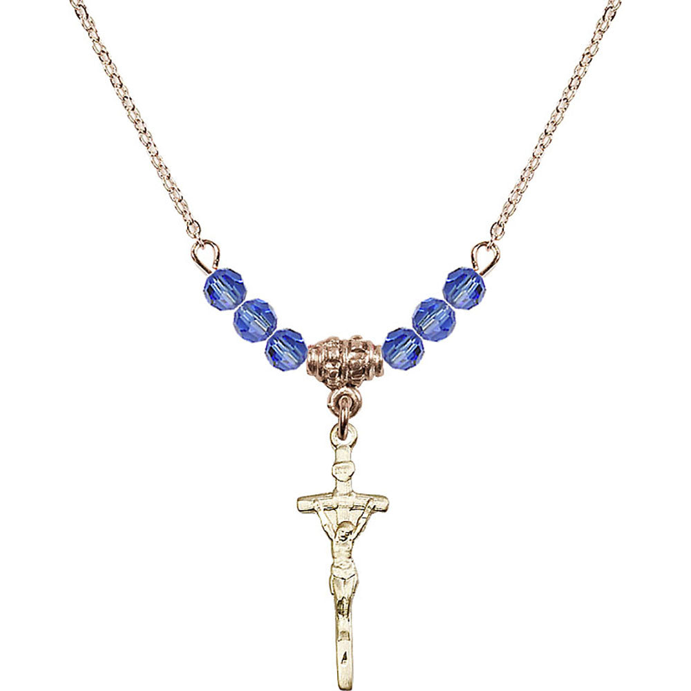 14kt Gold Filled Papal Crucifix Birthstone Necklace with Sapphire Beads - 0563