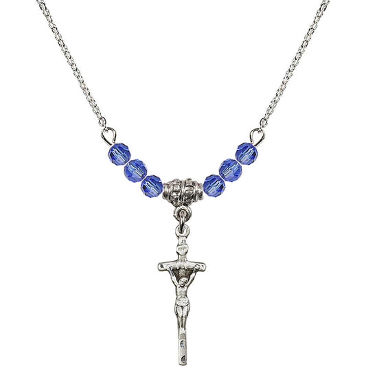 Sterling Silver Papal Crucifix Birthstone Necklace with Sapphire Beads - 0563