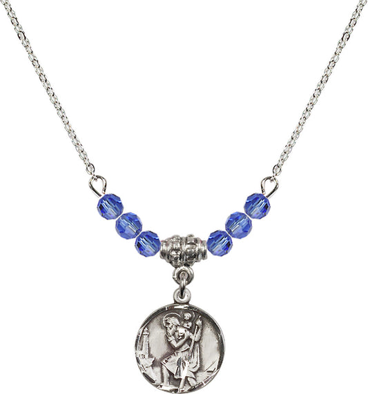 Sterling Silver Saint Christopher Birthstone Necklace with Sapphire Beads - 0601