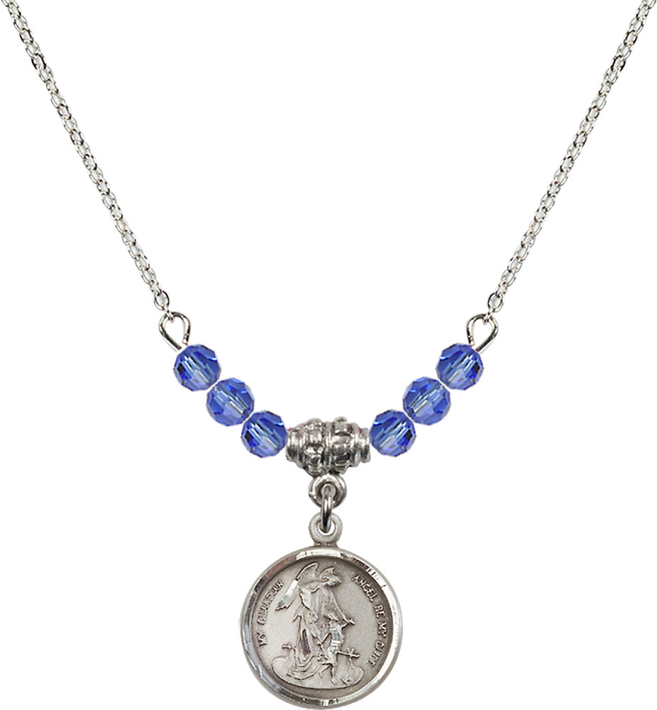 Sterling Silver Guardian Angel Birthstone Necklace with Sapphire Beads - 0601