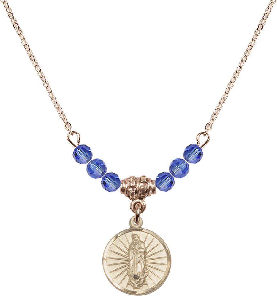 14kt Gold Filled Our Lady of Guadalupe Birthstone Necklace with Sapphire Beads - 0601
