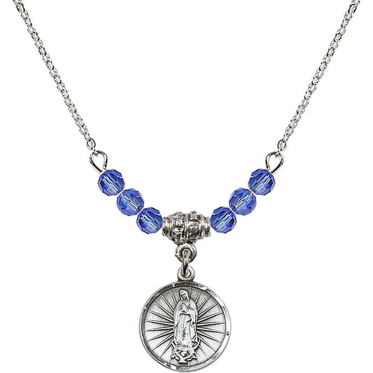 Sterling Silver Our Lady of Guadalupe Birthstone Necklace with Sapphire Beads - 0601