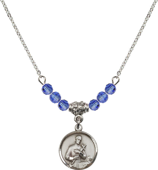 Sterling Silver Saint Gerard Birthstone Necklace with Sapphire Beads - 0601