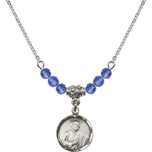 Sterling Silver Saint Jude Birthstone Necklace with Sapphire Beads - 0601