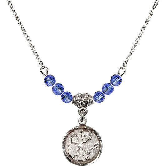 Sterling Silver Saint Joseph Birthstone Necklace with Sapphire Beads - 0601