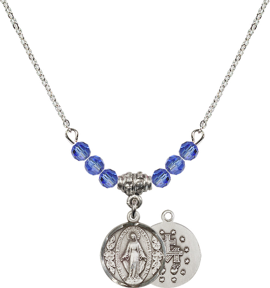 Sterling Silver Miraculous Birthstone Necklace with Sapphire Beads - 0601