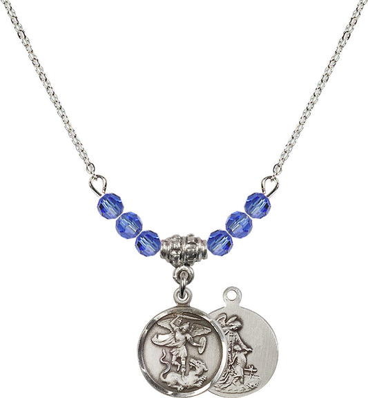 Sterling Silver Saint Michael the Archangel Birthstone Necklace with Sapphire Beads - 0601