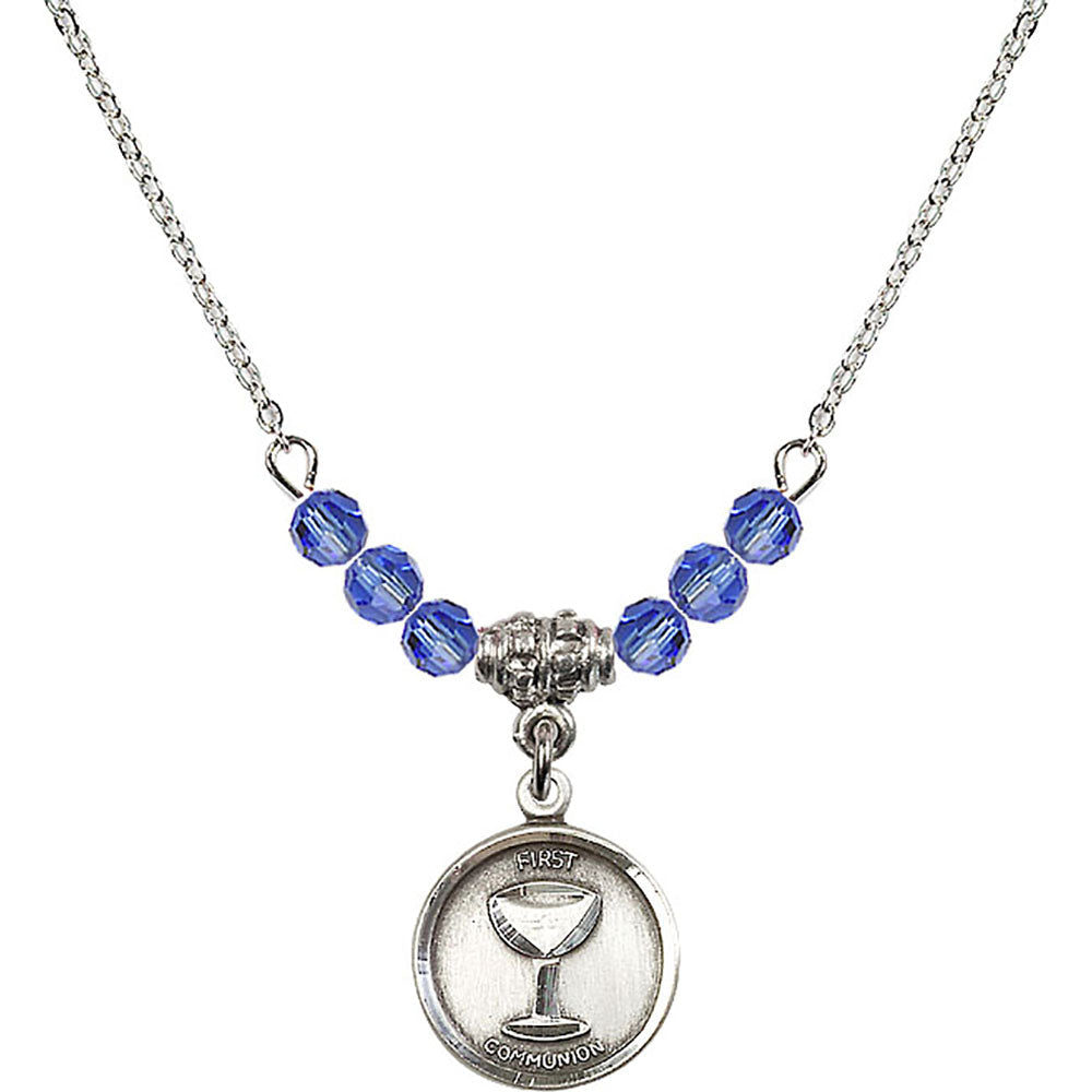 Sterling Silver Communion Birthstone Necklace with Sapphire Beads - 0601