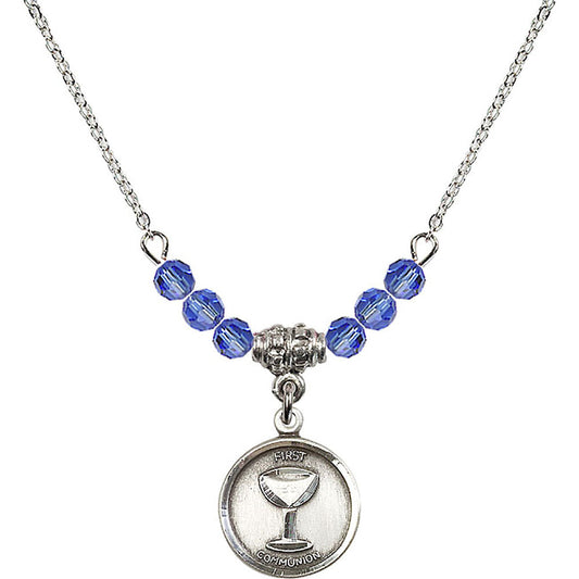 Sterling Silver Communion Birthstone Necklace with Sapphire Beads - 0601