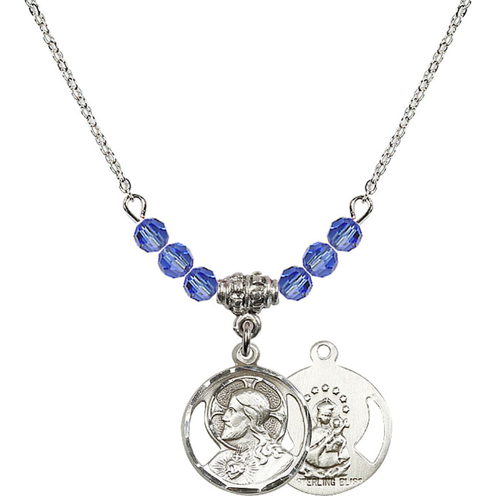 Sterling Silver Scapular Birthstone Necklace with Sapphire Beads - 0611