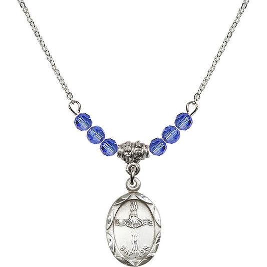 Sterling Silver Baptism Birthstone Necklace with Sapphire Beads - 0612