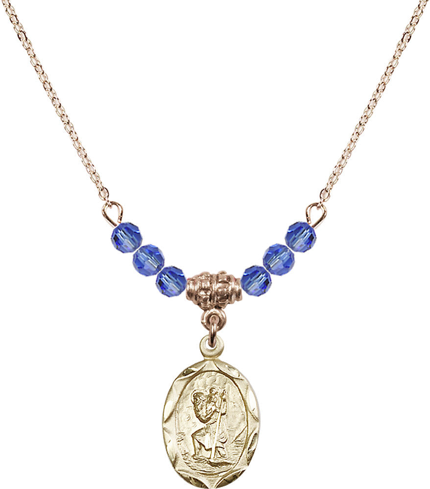 14kt Gold Filled Saint Christopher Birthstone Necklace with Sapphire Beads - 0612
