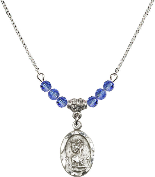 Sterling Silver Saint Christopher Birthstone Necklace with Sapphire Beads - 0612