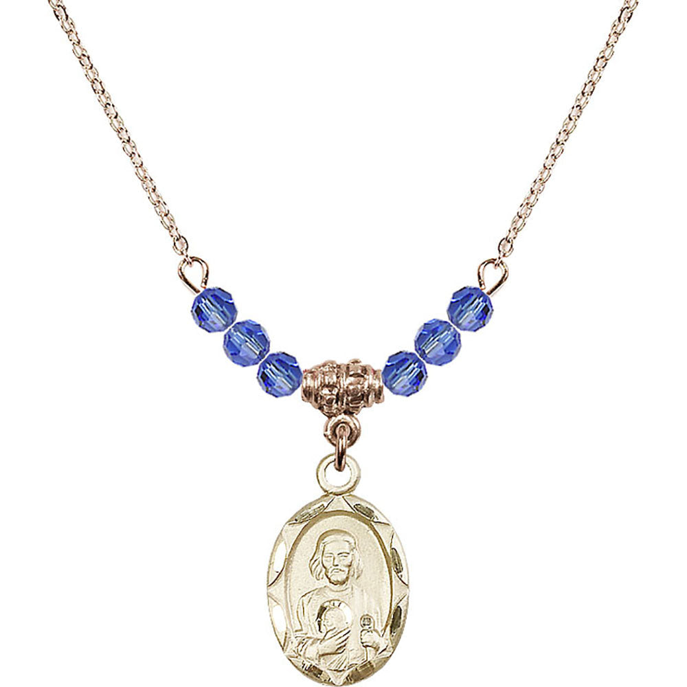 14kt Gold Filled Saint Jude Birthstone Necklace with Sapphire Beads - 0612