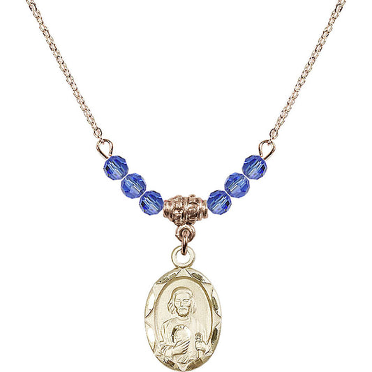 14kt Gold Filled Saint Jude Birthstone Necklace with Sapphire Beads - 0612
