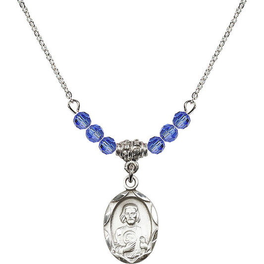 Sterling Silver Saint Jude Birthstone Necklace with Sapphire Beads - 0612