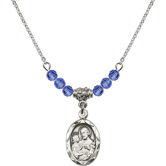 Sterling Silver Saint Joseph Birthstone Necklace with Sapphire Beads - 0612
