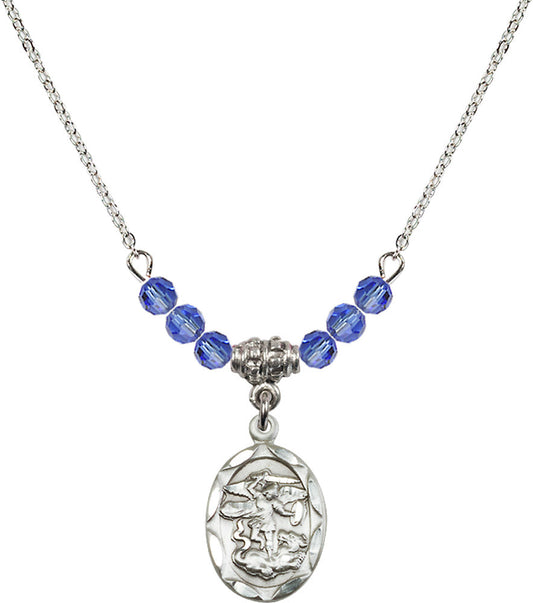 Sterling Silver Saint Michael the Archangel Birthstone Necklace with Sapphire Beads - 0612