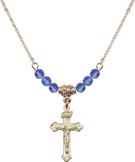 14kt Gold Filled Crucifix Birthstone Necklace with Sapphire Beads - 0669
