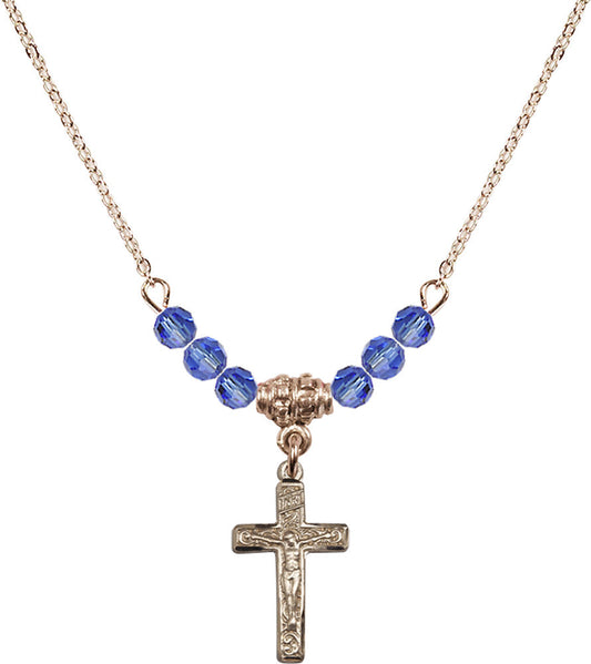 14kt Gold Filled Crucifix Birthstone Necklace with Sapphire Beads - 0672