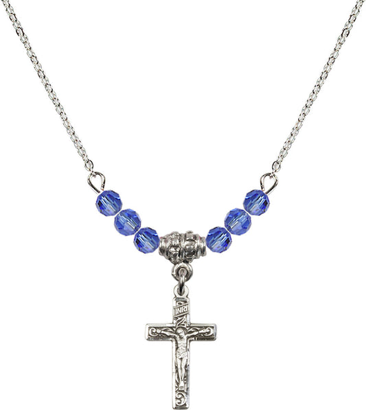 Sterling Silver Crucifix Birthstone Necklace with Sapphire Beads - 0672