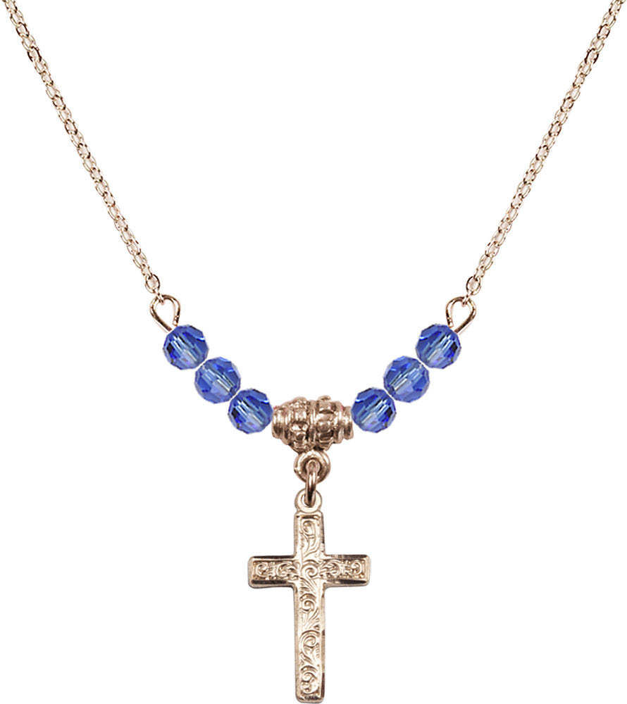 14kt Gold Filled Cross Birthstone Necklace with Sapphire Beads - 0672