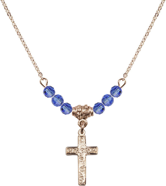 14kt Gold Filled Cross Birthstone Necklace with Sapphire Beads - 0672