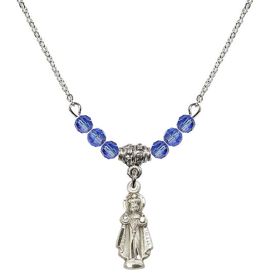 Sterling Silver Infant of Prague Birthstone Necklace with Sapphire Beads - 0823