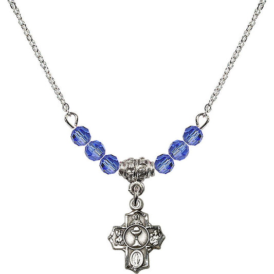 Sterling Silver Communion 5-Way Birthstone Necklace with Sapphire Beads - 0890