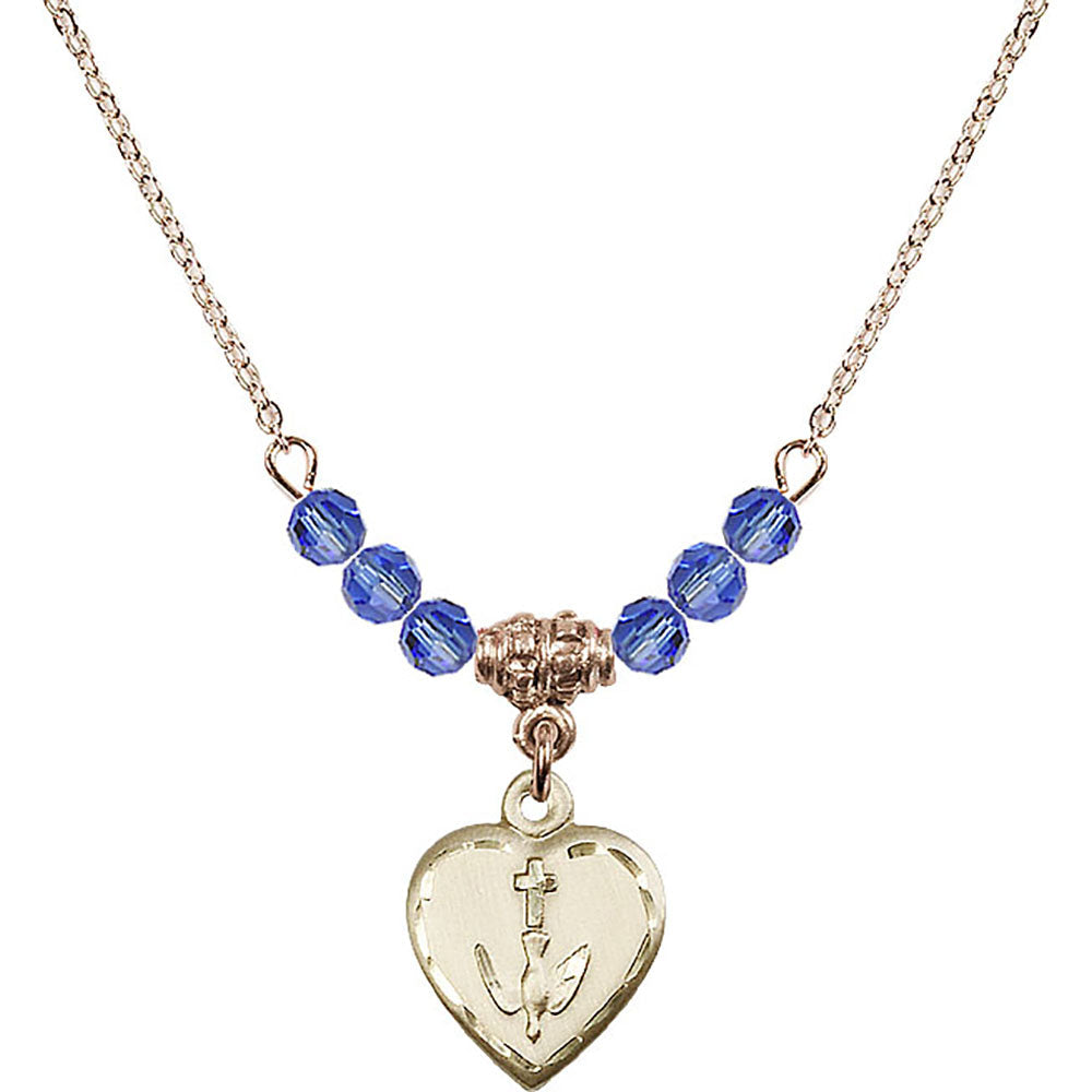 14kt Gold Filled Heart / Confirmation Birthstone Necklace with Sapphire Beads - 0891