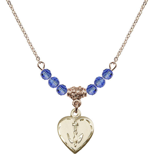 14kt Gold Filled Heart / Confirmation Birthstone Necklace with Sapphire Beads - 0891