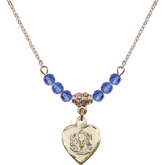 14kt Gold Filled Heart / Communion Birthstone Necklace with Sapphire Beads - 0892