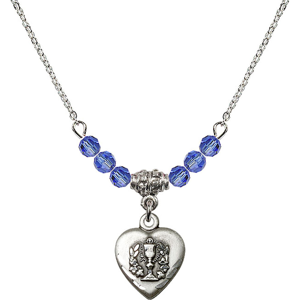 Sterling Silver Heart / Communion Birthstone Necklace with Sapphire Beads - 0892