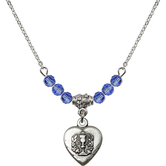 Sterling Silver Heart / Communion Birthstone Necklace with Sapphire Beads - 0892